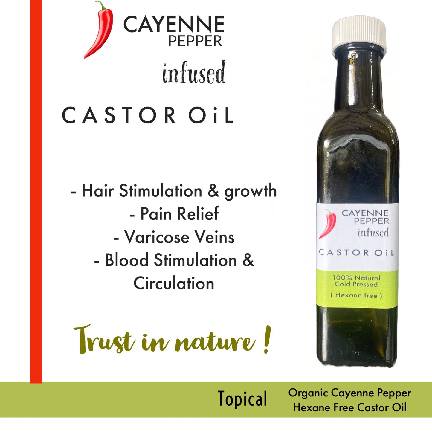 Cayenne Pepper Infused Castor Oil 250ml (Hexane Free)